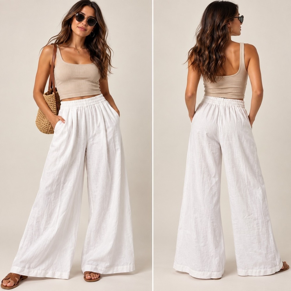 Zara Linen White Pants Wide-leg High-waisted Pull-on Elastic Waist Pockets Med